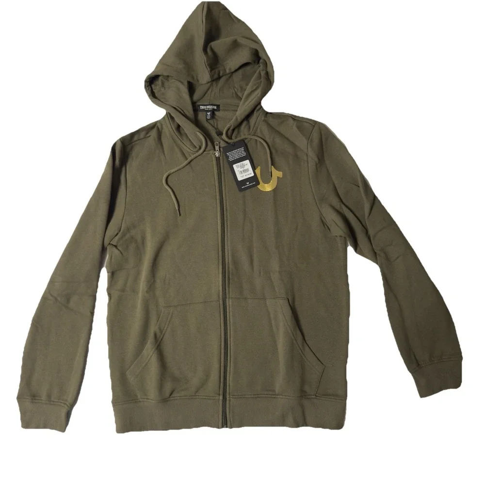 True Religion Hoodie Mens Large Green Full Zip‎ Buddha Hooded Sweatshirt NWT